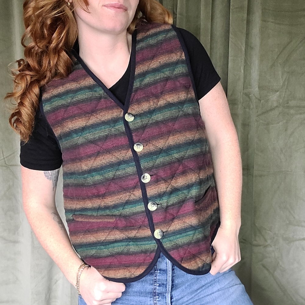 Vintage Western Poetcore Indie Gorp Chore Style Rainbow Striped Quilted Vest